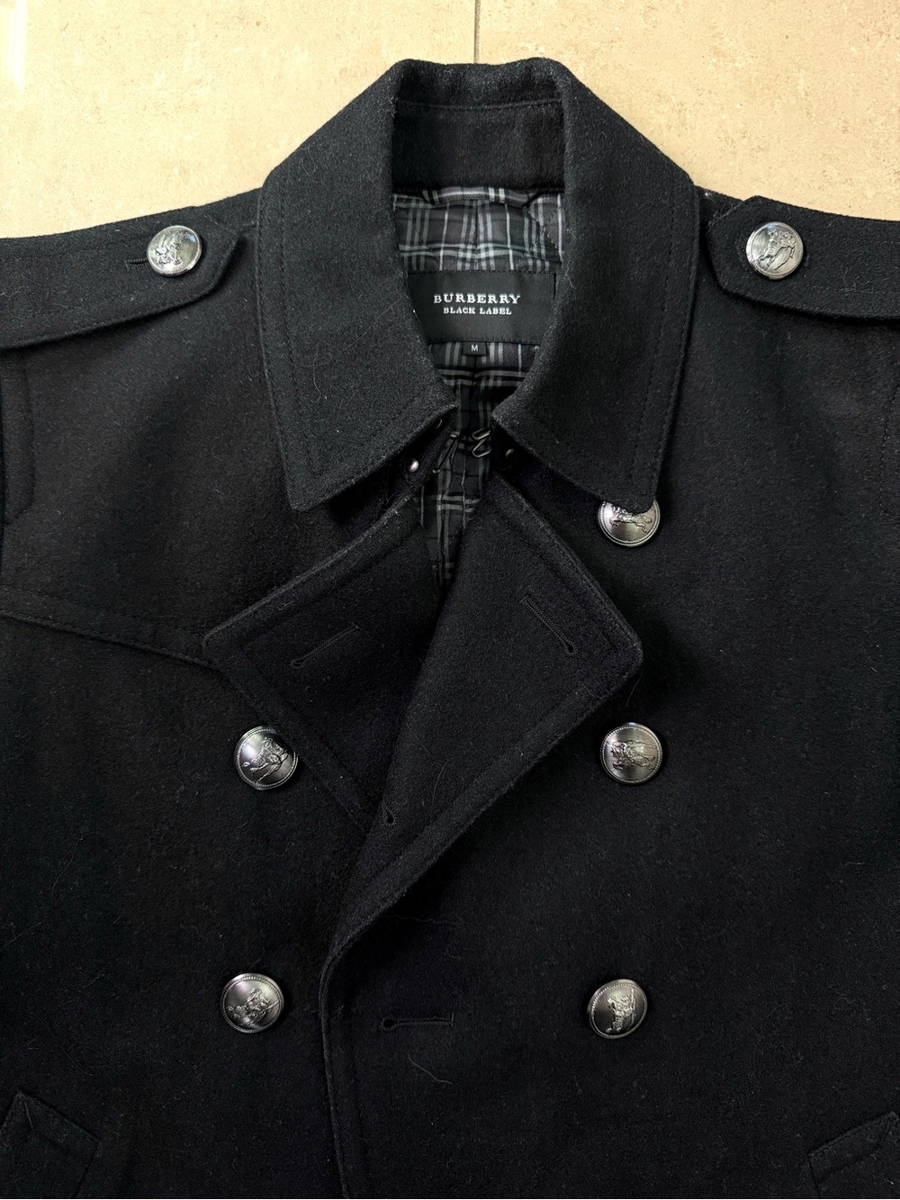 BURBERRY BLACK LABEL Men's Wool Military Peacoat Double Breasted -Black- Size M - Picture 4 of 9